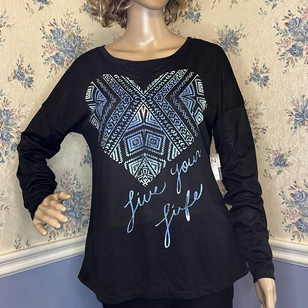 New Directions Black Long Sleeve Shirt W/Blue Heart “Live Your Life” Size S, NWT